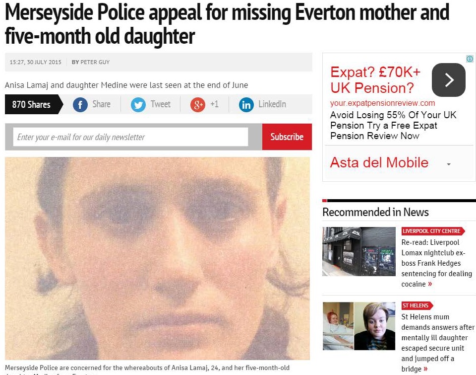 Policia angleze gjen Anisa Lamajn me të bijën 5 muajsh, zhdukur më 7 korrik