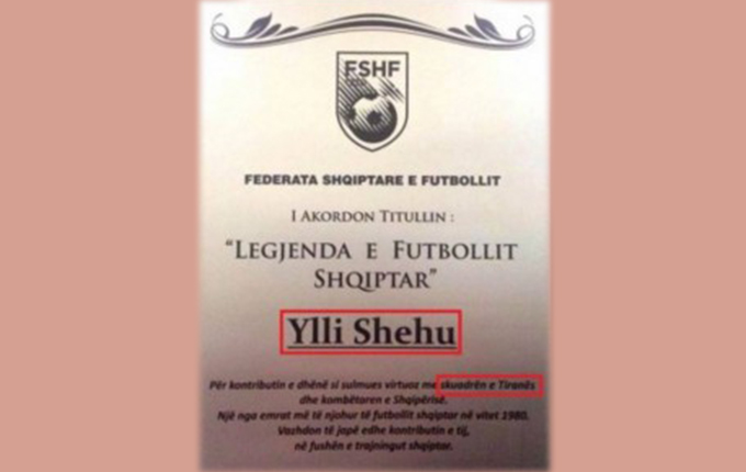 Futboll / FSHF vlerëson Ylli Shehun, por, gabimisht, e bën edhe sulmues të Tiranës