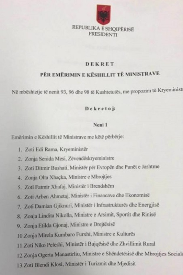 Presidenti Meta dekreton emërimin e Këshillit të Ministrave
