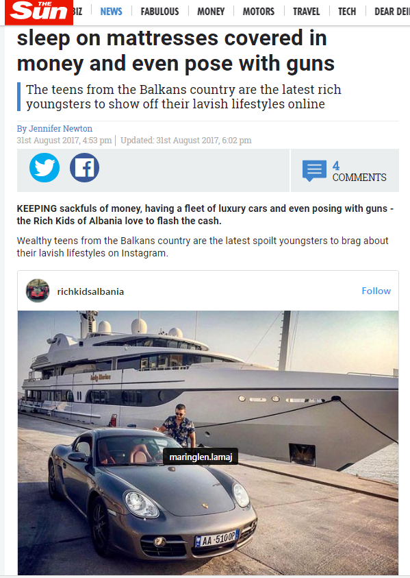 “The Sun”: Fëmijët e pasanikëve shqiptarë jetë luksi mes armëve, jahteve dhe avionëve privatë…