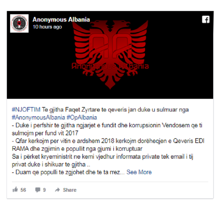 “Kemi vjedhur informata private tek e-mail-i i kryeministrit”, sulm nga Anonymous Albania