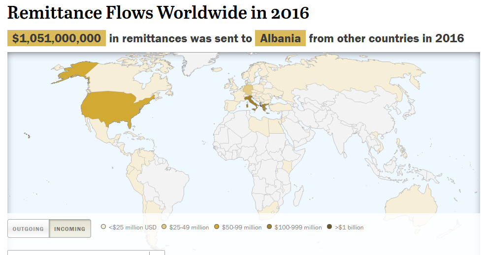 Harta/ Shtetet nga të cilat emigrantët dërgojnë më shumë para në Shqipëri