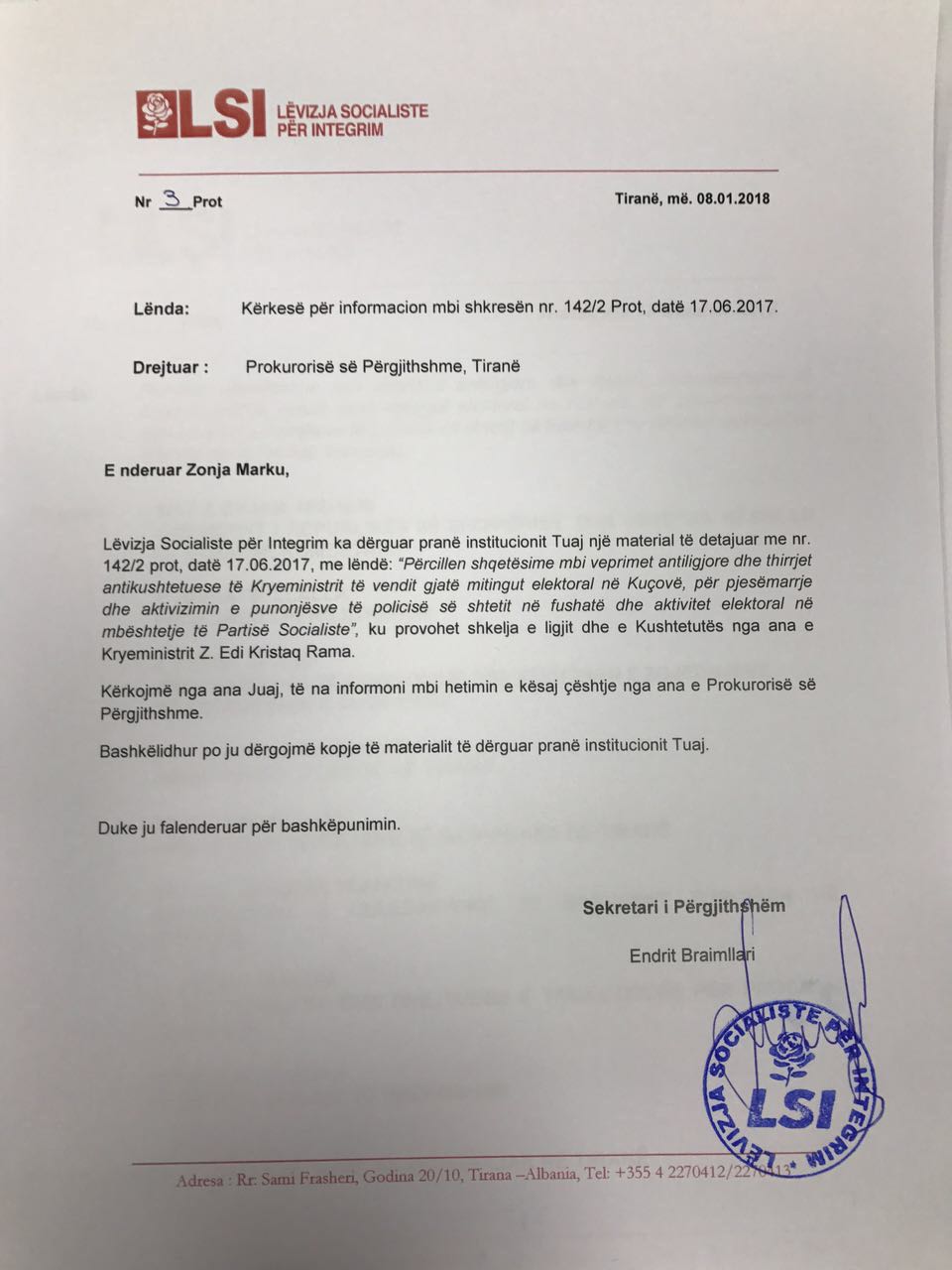 LSI letër Arta Markut: Na informoni mbi hetimin për Ramën