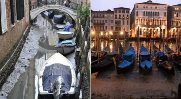 Thahen kanalet e Venecias, gondolat mbesin në baltë