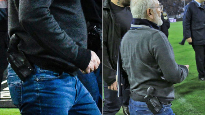 Ndizet Selaniku/ Ndërpritet sfida PAOK-AEK, presidenti me pistoletë në fushë (VIDEO)