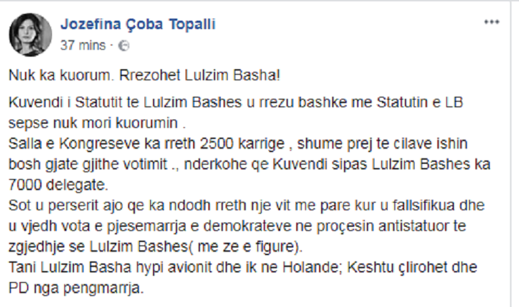 Jozefina Topalli: Sot u rrëzua Basha dhe statuti i tij