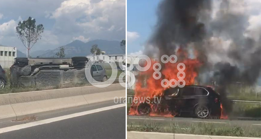 Aksidentohet makina në autostradën Tiranë-Durrës, një tjetër përfshihet nga flakët