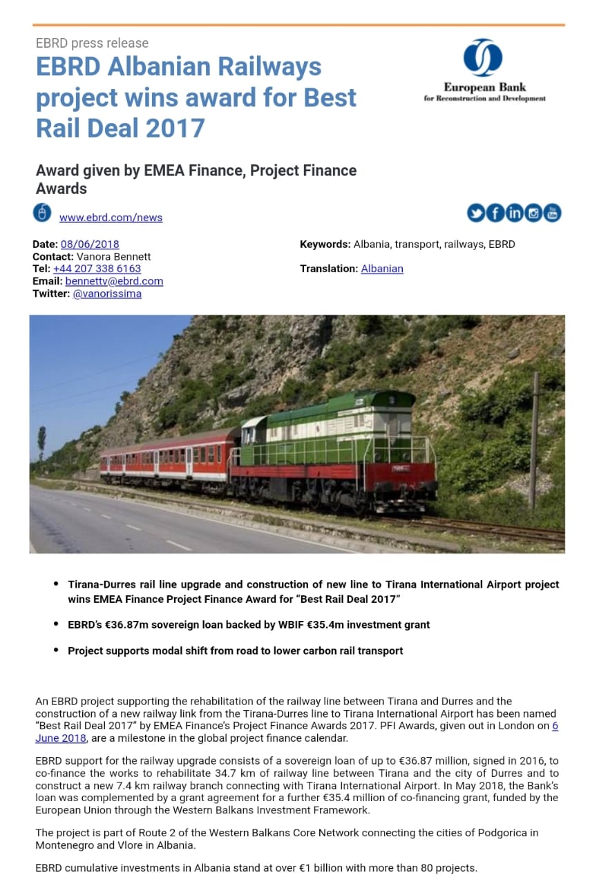 “Projekti më i mirë hekurudhor 2017”/ Çmimin e fiton linja Tiranë-Durrës dhe lidhja e re me Rinasin