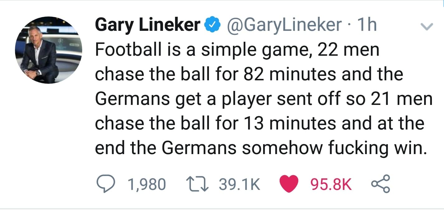 Lineker përditëson shprehjen: Në fund, çuditërisht fitojnë po gjermanët!