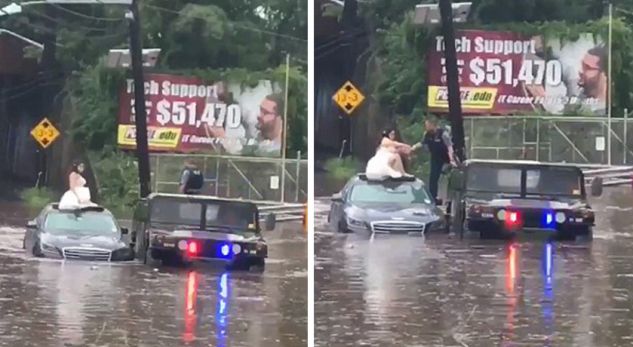 Momenti kur policët shpëtojnë dhëndrin dhe nusen nga përmbytja ditën e dasmës (VIDEO)