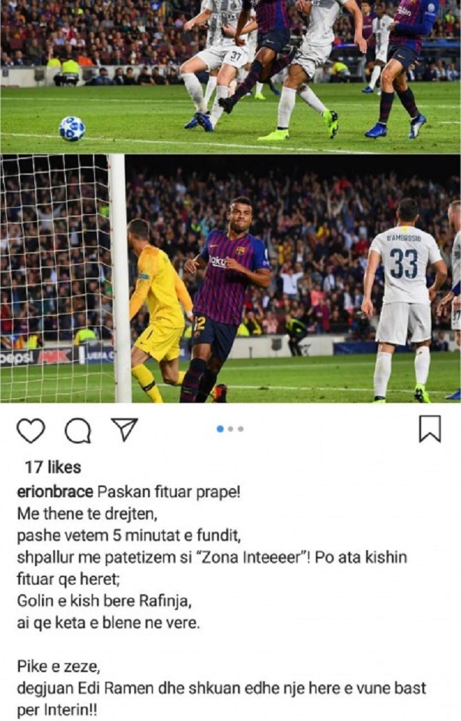 “Dëgjuan Ramën dhe vunë bast për Interin”, Braçe tallet pas humbjes së zikaltërve me Barcelonën