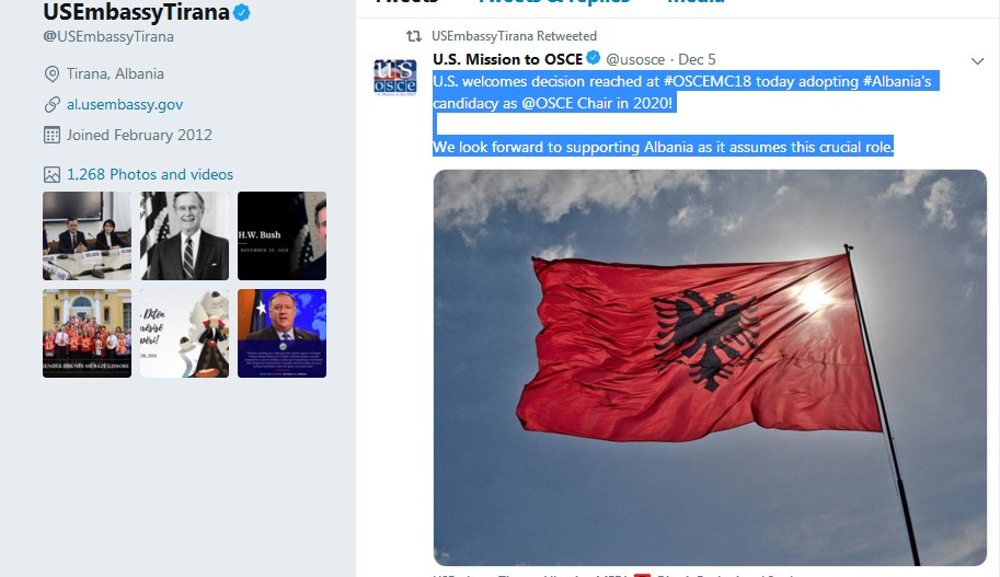 SHBA përshëndet vendimin që i jep Shqipërisë kryesimin e OSBE-së në 2020-n