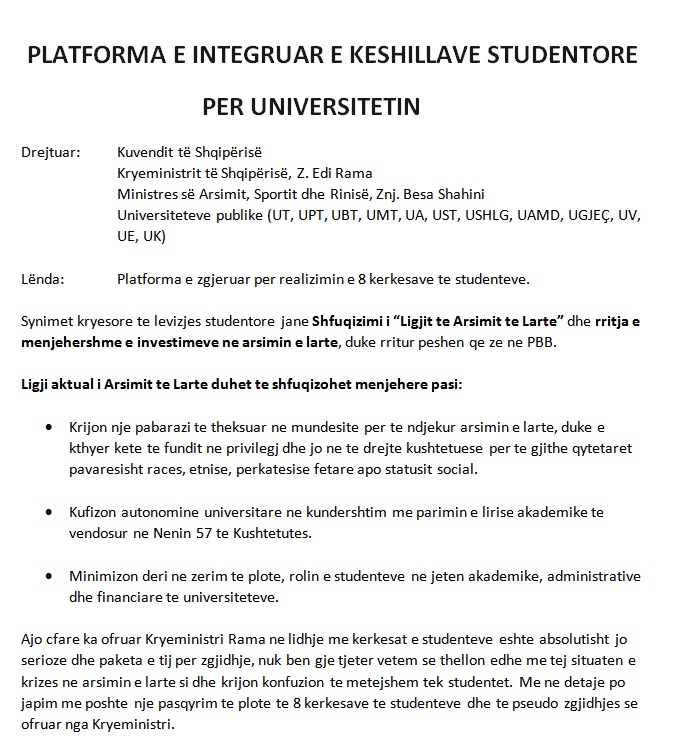 Studentët publikojnë platformën me kërkesat e tyre