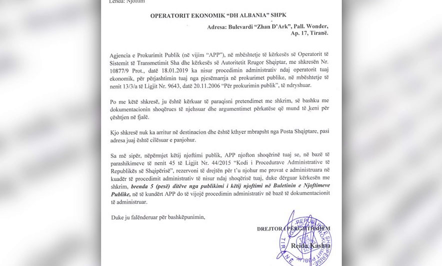“Fantazma” fitoi 30 mln euro, Agjencia e Prokurimeve: DH Albania, adresë false