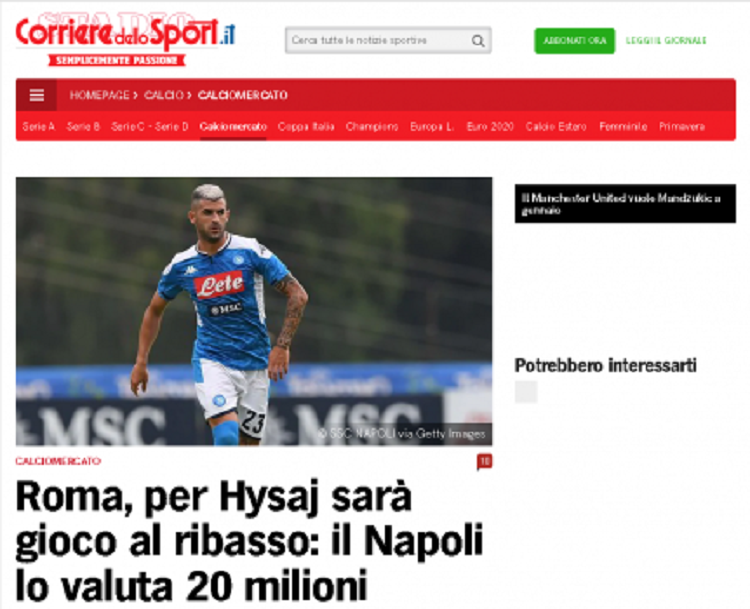 Hysaj-Roma, “Corriere dello Sport” zbardh detajet e kontratës, Napoli insiston