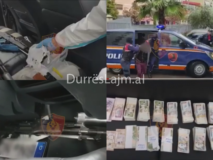 Momenti kur të arrestuarit me precedent penalë mbërrijnë në policinë e Durrësit, ju sekuestruan para, armë dhe mina me telekomandë (VIDEO)
