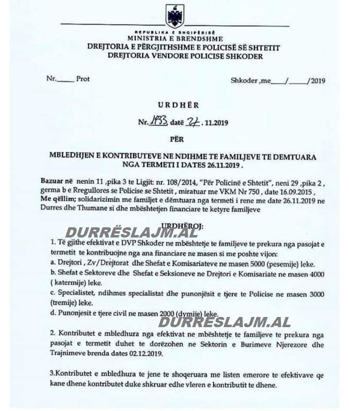 DOKUMENTI/ Policia e Shkodrës urdhër punonjësve të kontribuojnë për të prekurit nga tërmeti tragjik