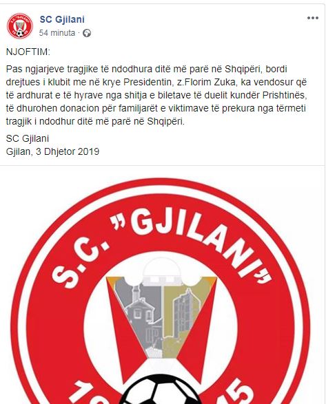 Tërmeti tragjik, klubi kosovar donacion për familjarët e viktimave