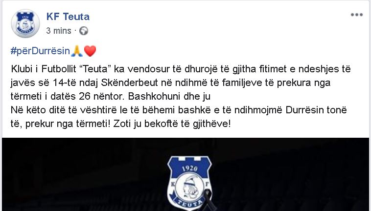 Teuta në ndihmë të Durrësit pas tërmetit: Dhurojmë të gjitha paratë nga ndeshja me Skënderbeun