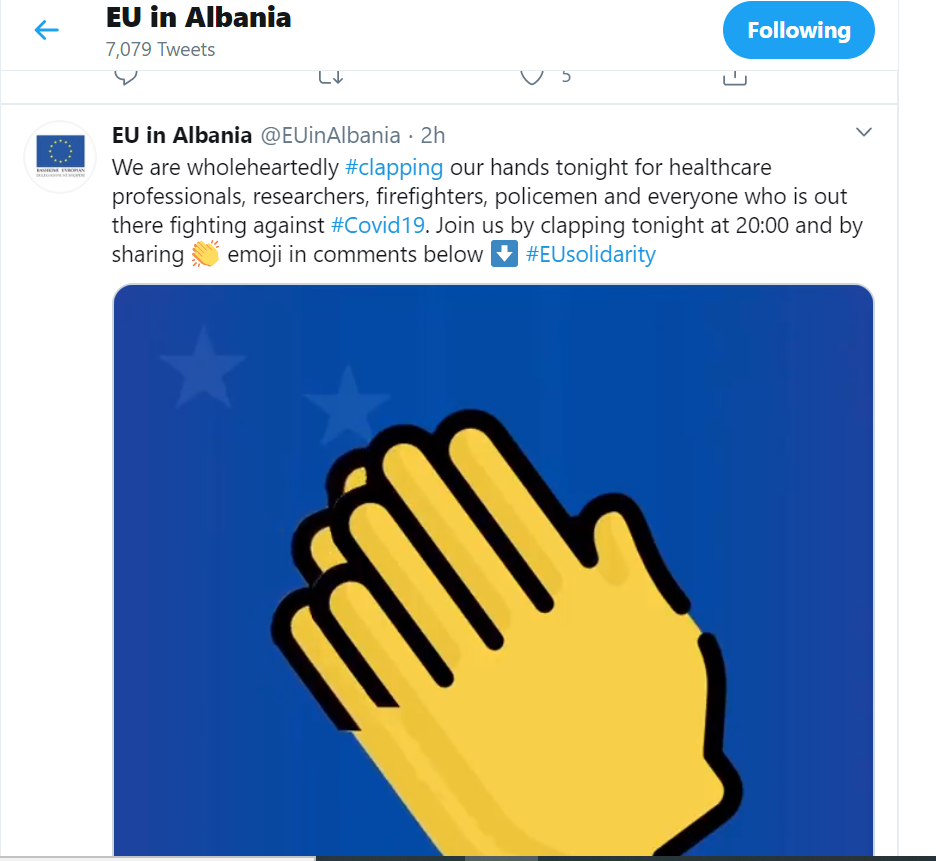 Delegacioni Europian në Shqipëri thirrje shqiptarëve: Në 20:00 dilni në ballkone e duartrokisni