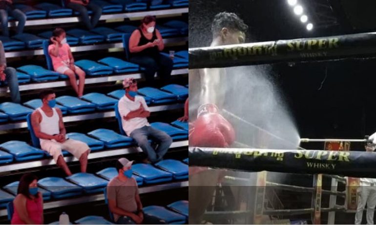 Ndeshje boksi në Nikaragua, tifozët në distanca dhe boksierët të lyer me dezinfektues