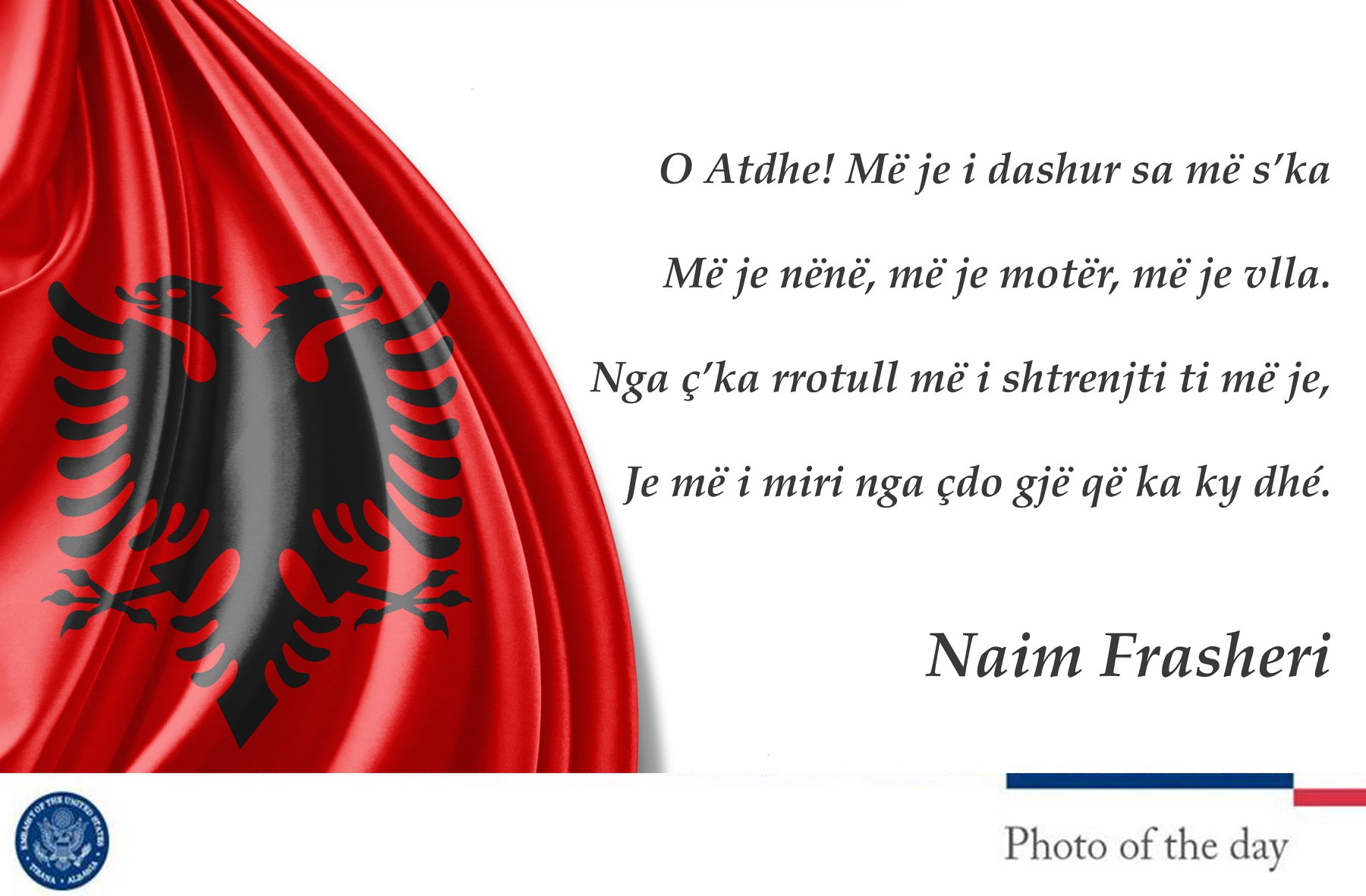 Ambasada Amerikane uron Shqipërinë me vargjet e Naim Frashërit: Nderojmë Ditën e Çlirimit