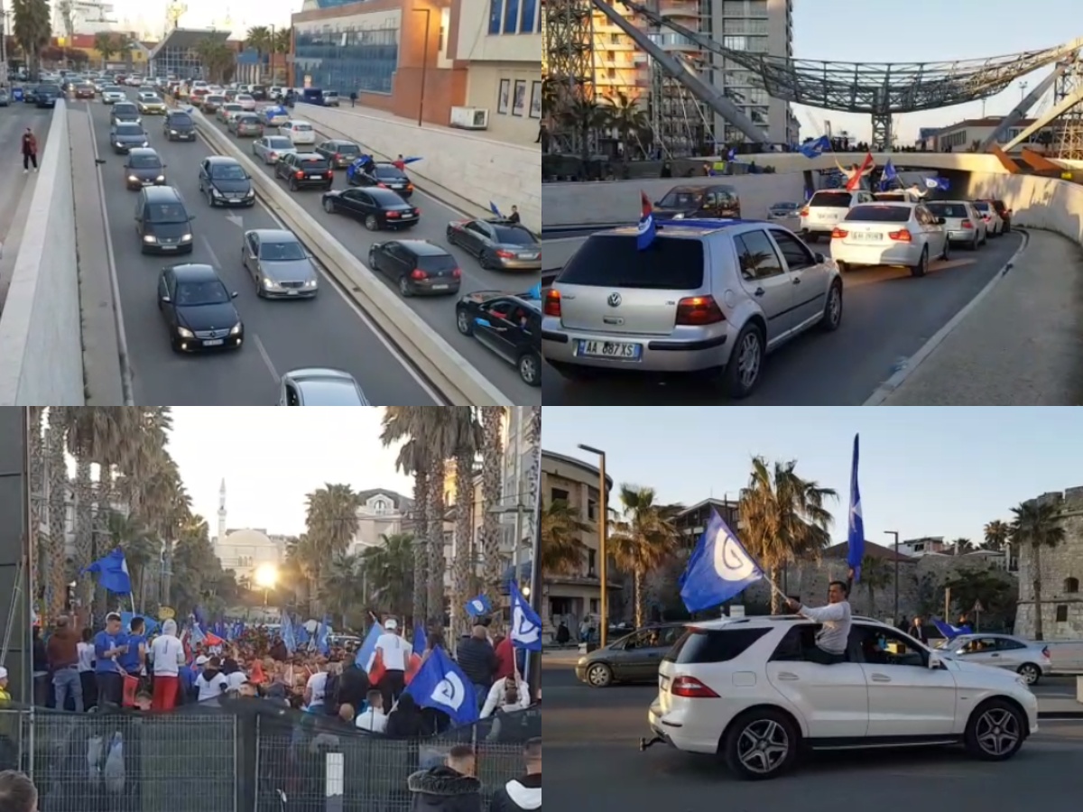 VIDEOLAJM/ Trafik i rënduar në Durrës, dhjetëra makina me flamujt e PD