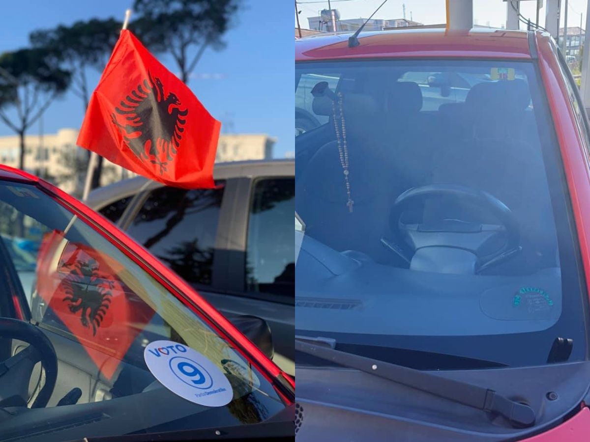 Dentistes i shkulin adezivin me logon e PD te xhami i mjetit, ajo bën gjestin e papritur para shtabit të Jurgis Çyrbjas