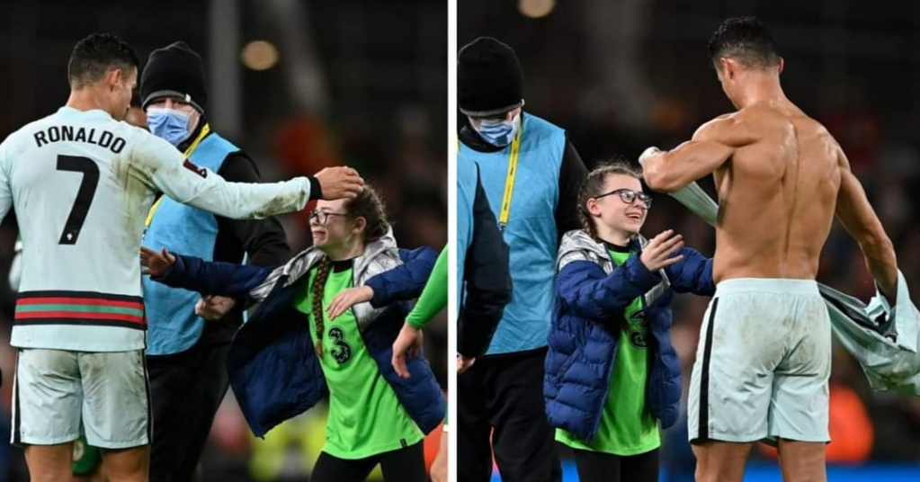 Tifozja e vogël “pushtoi” fushën në Dublin, Ronaldo i dhuron fanellën