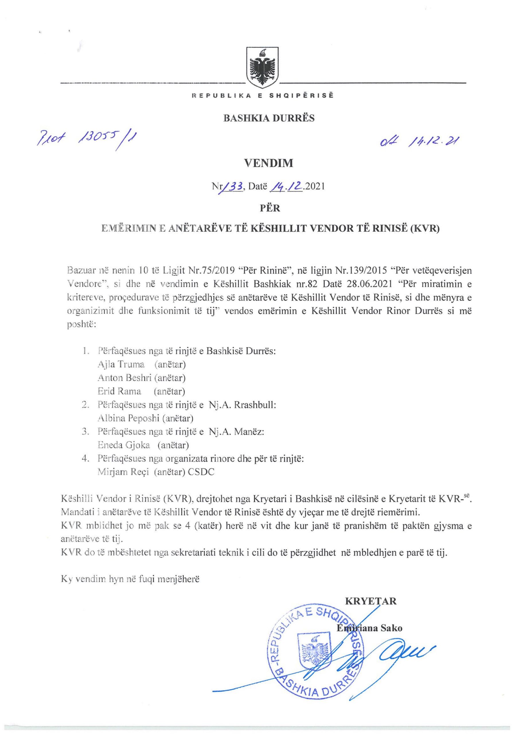 EMRAT/ Kryebashkiakja Sako miraton përbërjen e Këshillit Vendor Rinor Durrës