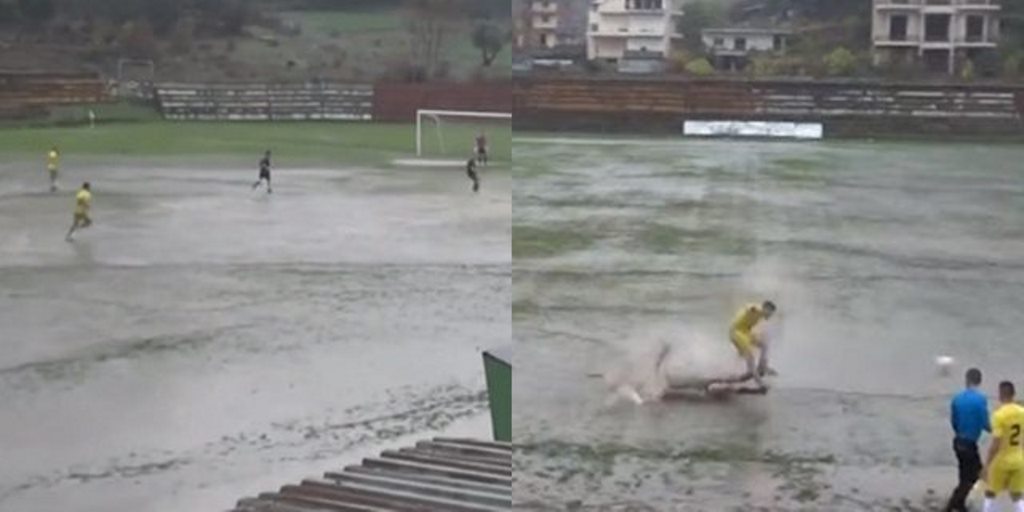 Fusha e tyre u kthye në &#8220;Venecia&#8221; gjatë ndeshjes/ Stadiumi i Përmetit kthehet në vend gërmimesh për varre greke