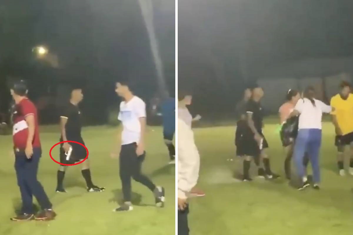 Gjyqtari nxjerr pistoletën në fushën e futbollit