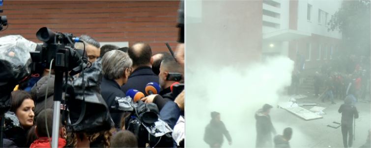 Mbështetësit e Berishës me shkallë hekuri tentojnë të hyjnë në seli, “maskat” i hedhin spray