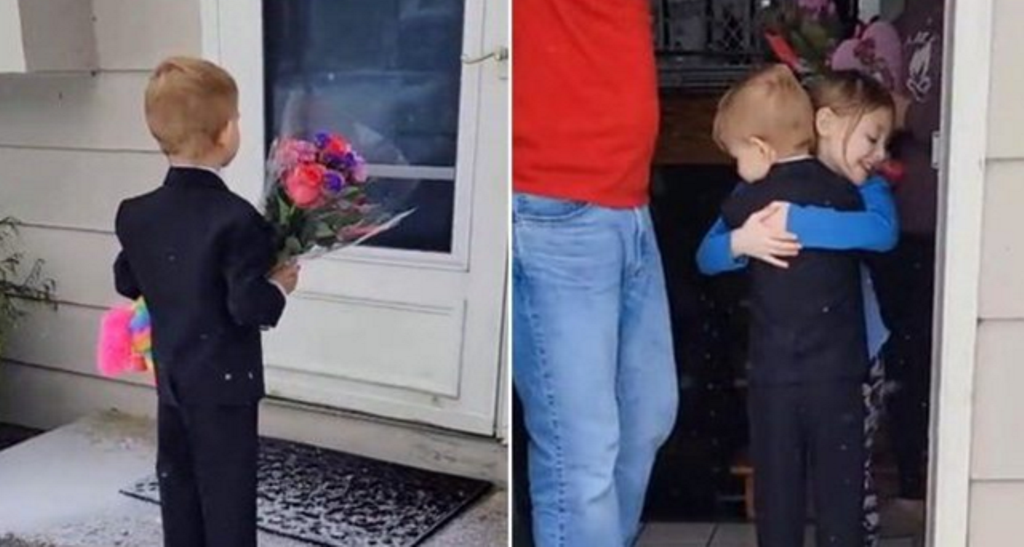Moment i adhurueshëm/ Me lule në dorë dhe çokollata, 5-vjeçari i uron “Shën Valentinin” shoqes së tij (VIDEO)
