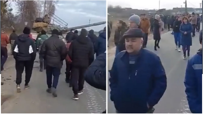 Me duar në xhepa, pa asnjë armë/ Shihni pamjet, si qytetarët ukrainas “i tregojnë rrugën” tankut rus