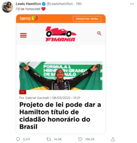 Mendohet ta bëjnë “Qytetar Nderi” në Brazil, reagon Hemilton: Do të isha i nderuar!