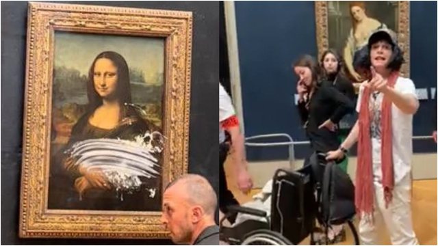 I riu sulmon të famshmen “Mona Lisa” me tortë (VIDEO)