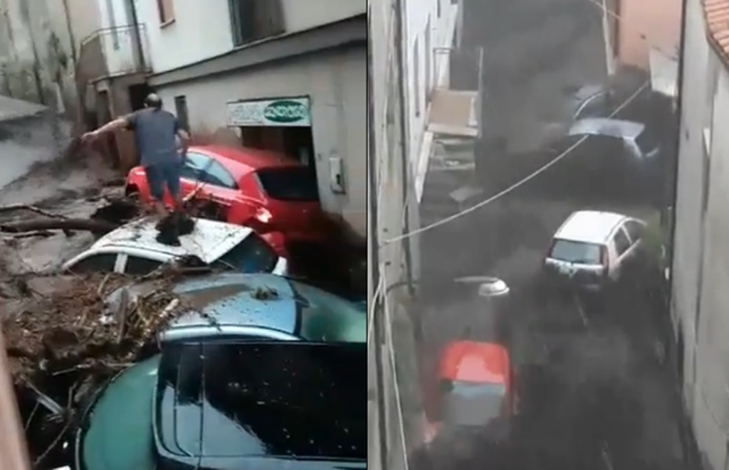 Stuhi në Itali/ Rrugët kthehen në “lumenj”, rrjedha merr para makinat (VIDEO)