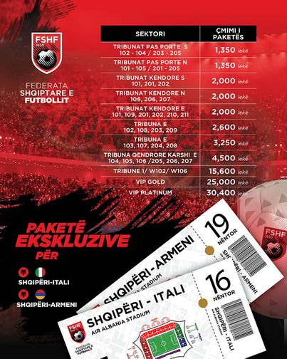 Nëntori i Kombëtares, nis shitja e biletave për ndeshjet me Italinë dhe Armeninë
