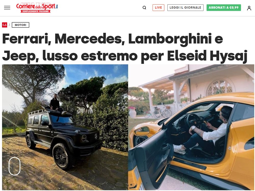 Hysaj merr vëmendjen e mediave italiane për makinat luksove që ai ka në zotërim