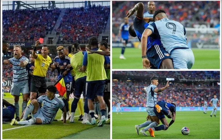 Sulmuesi humbet toruan, godet me kokë kundërshtarin dhe e shtrin në tokë