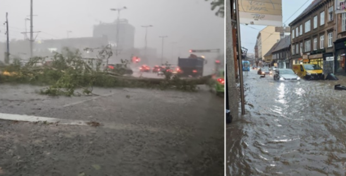 &#8220;Tërbohet&#8221; moti në shtetin ballkanik, stuhia e shiut fluturon në ajër çatitë dhe rrëzon pemët (VIDEO)