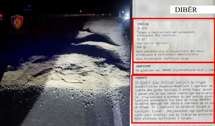 Po transportonte inerte por një pjesë e tyre i ranë rrugës, shoferi gjobitet me 600 mijë lekë