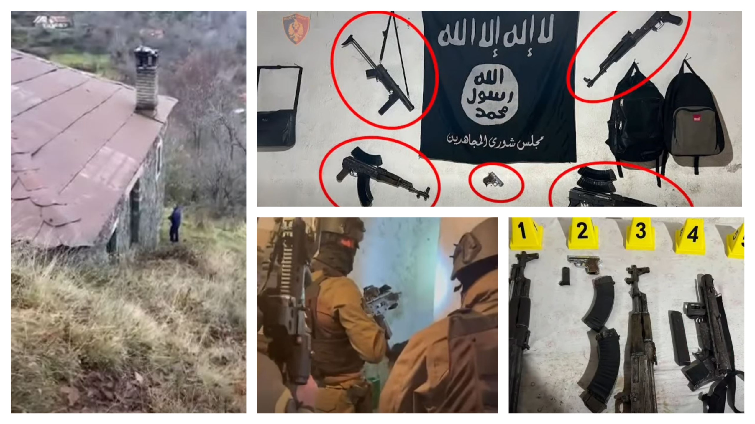 VIDEO/ Flamuri i ISIS varur në mur bashkë me automatikë, ja pamjet nga aksioni në Orosh ku u arrestuan dy të rinj. Zbulohet arsenal armësh