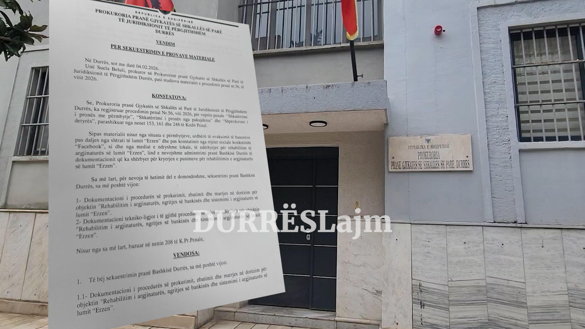 Çarja e argjinaturës së lumit Erzen gjatë përmbytjeve të janarit, Prokuroria e Durrësit sekuestron në bashki dokumentet e tenderit