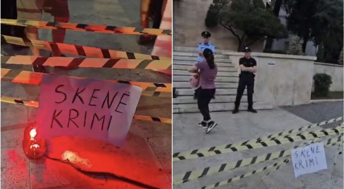 Protestuesit vendosin shirita “skenë krimi” dhe një sirenë policie para Kryeministrisë