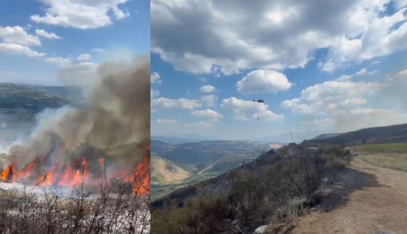 Digjen disa hektarë me shkurre dhe ullinj pranë Parkut Arkeologjik të Bylisit, ndërhyhet edhe nga ajri për shuarjen e flakëve