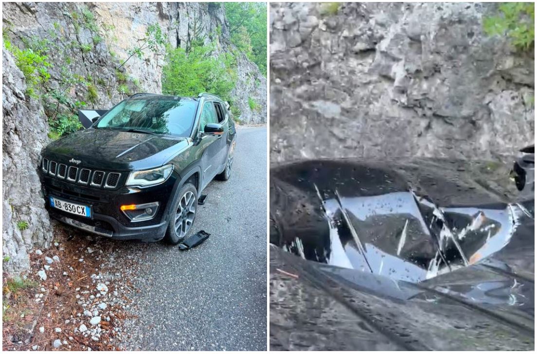 Guri masiv bie mbi një automjet në rrugën e Dukagjinit, shpëtojnë pa lëndime turistët