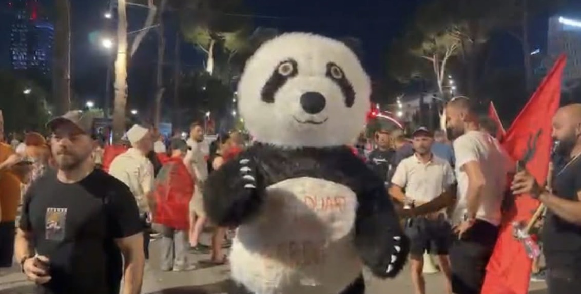 “Larg duart nga e ardhmja”, panda-maskot i bashkohet protestës në ditën e 40-të