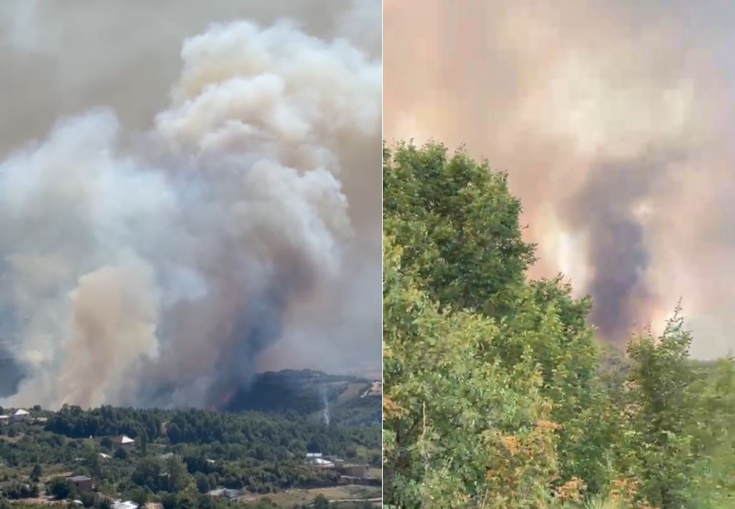 Zjarr i përmasave të mëdha në Dajas të Tiranës, zjarrfikëset dhe një helikopter në terren për shuarjen e flakëve